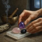 Purification douce d'une améthyste sur plaque de sélénite